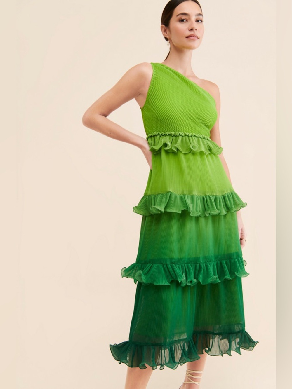 Vineet Bahl Tiered Ombre Midi Green One Shoulder Midi Dress M
